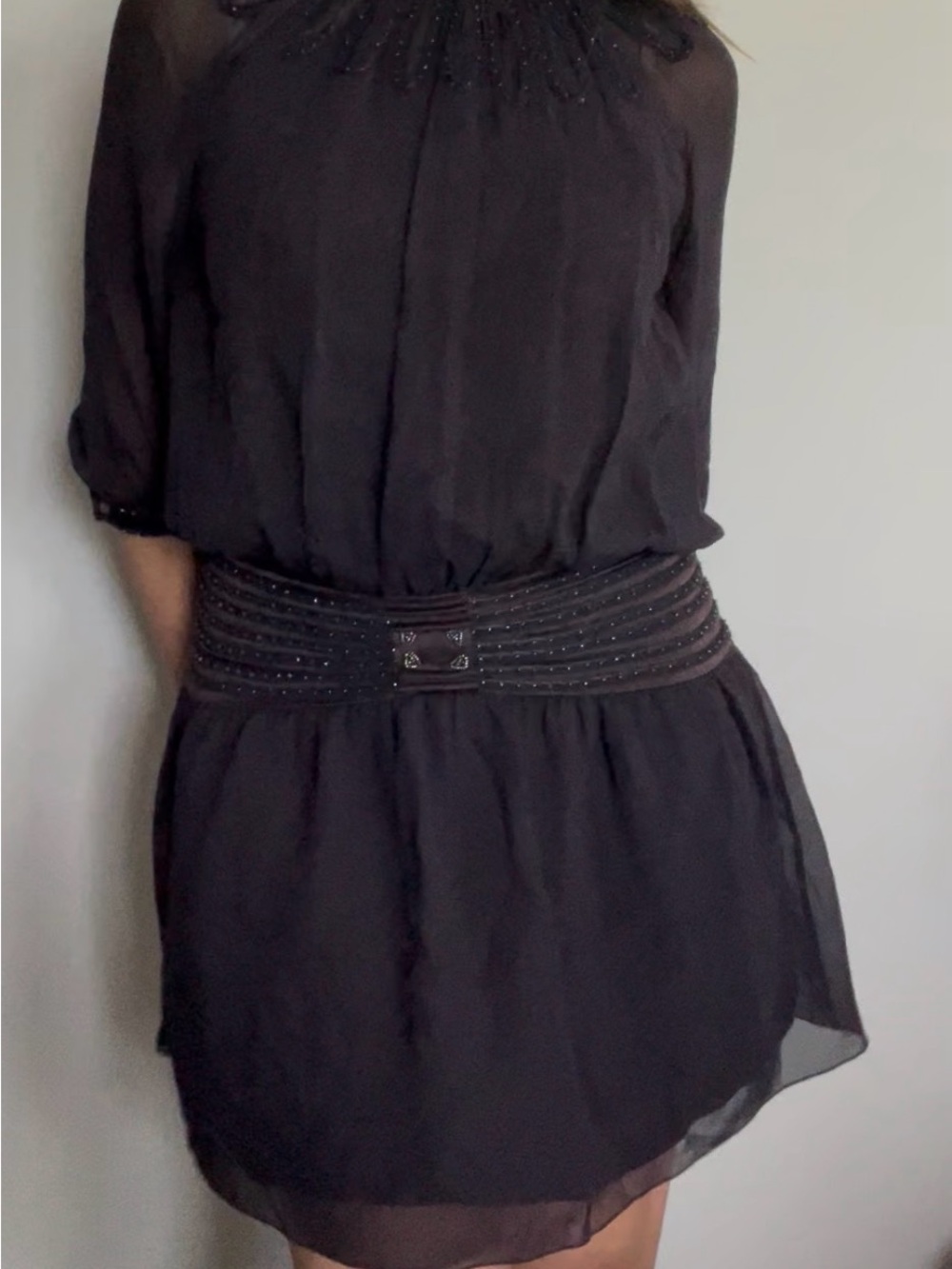Black Beaded Waist Mini Dress - Women's Evening Tunic